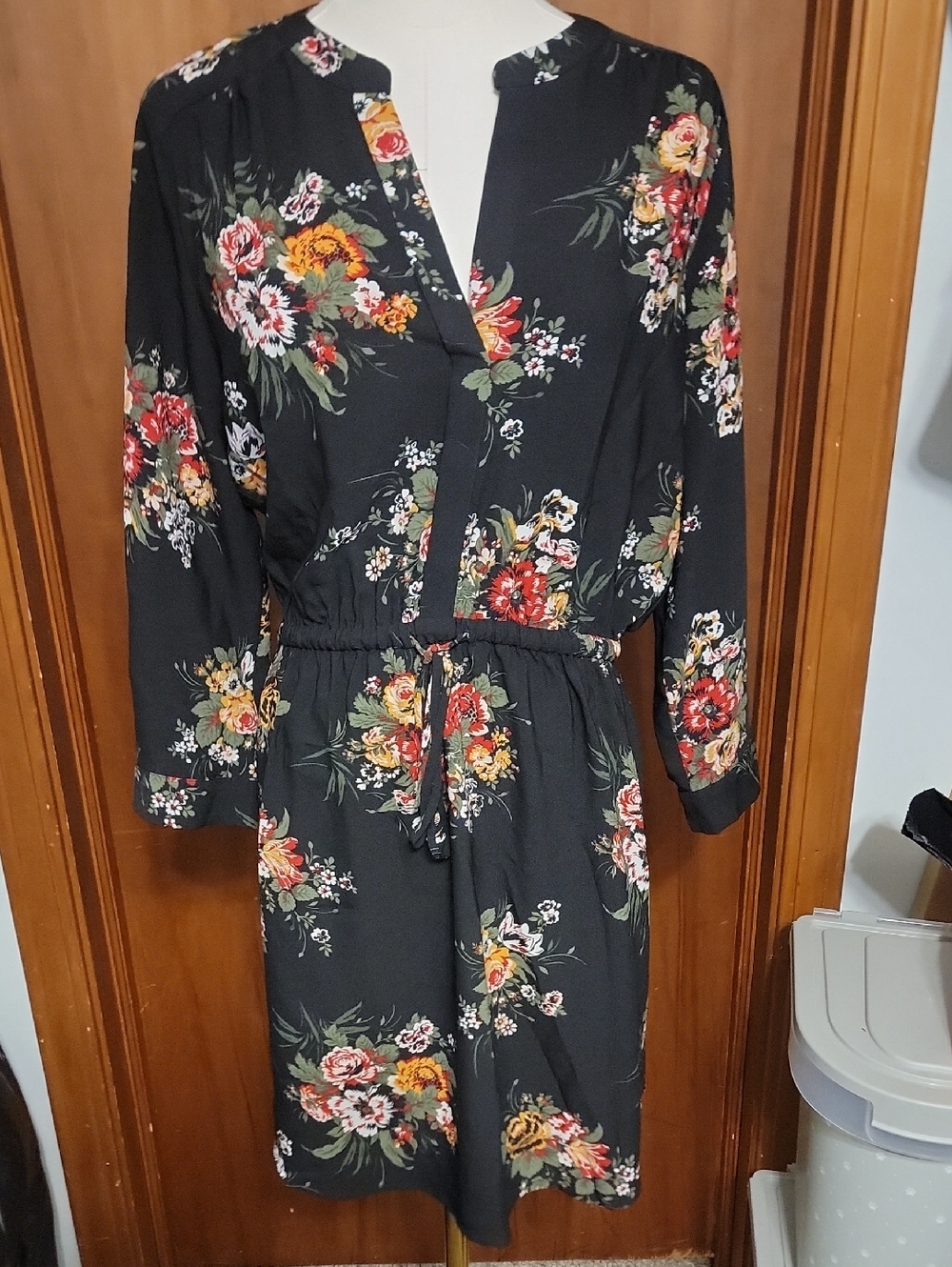 Black Floral Drawstring Waist Dress